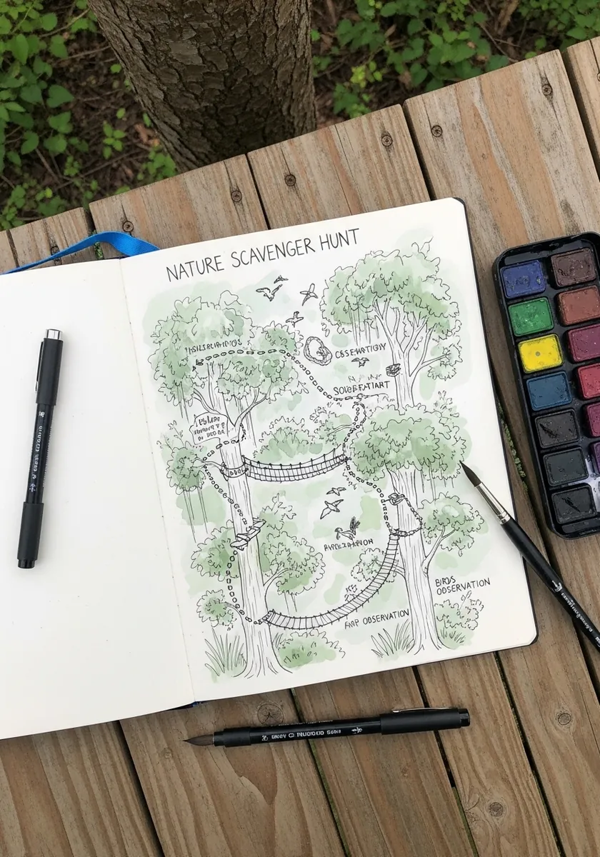 Sketchbook map of green fields drawn in fine pen with small handwritten notes