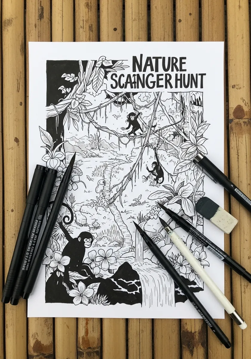 Bold black and white ink map of a jungle scene with dense foliage and a monkey