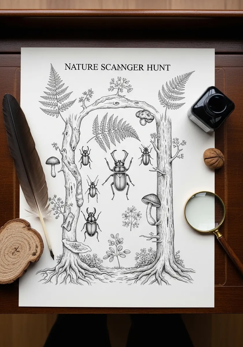 Ink map framed by a border of drawn beetles, mushrooms and unfurling ferns
