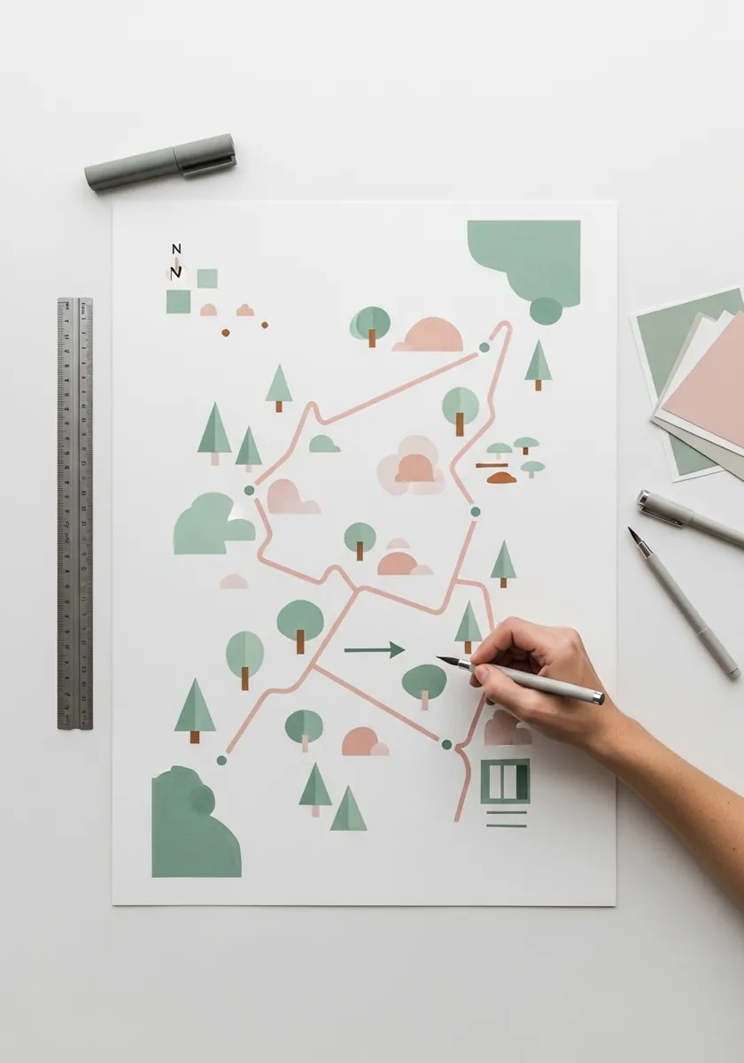 Minimal flat geometric map in muted green and pink with simple tree shapes