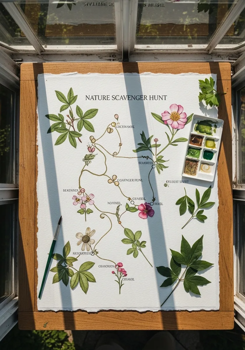 Map made from pressed leaves and flowers with fine pencil lines connecting them