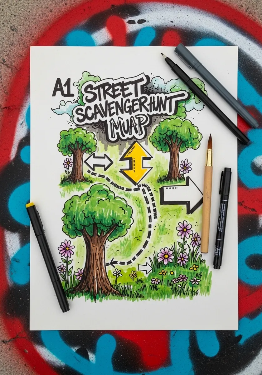 Graffiti style urban scavenger hunt map with bold arrows and spray painted colors