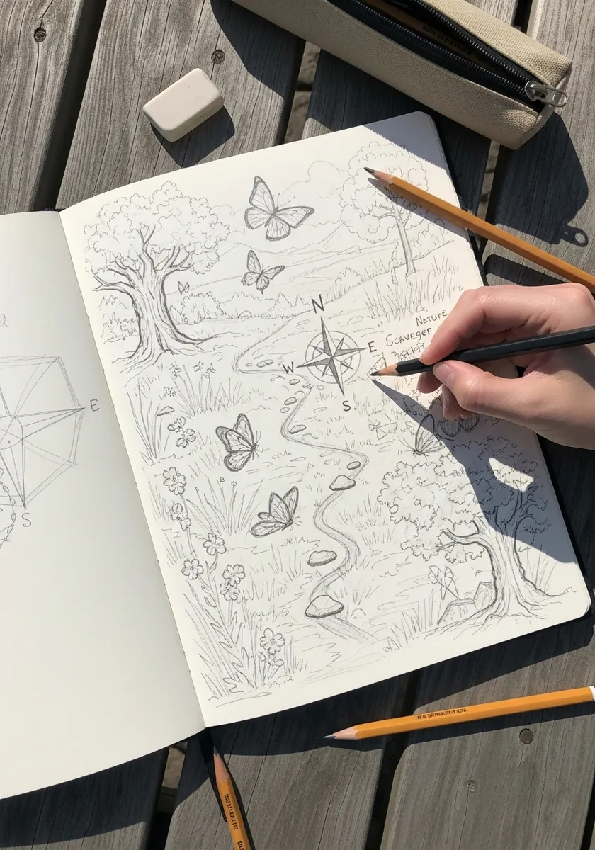 Pencil sketchbook map with a hand drawn compass rose, butterflies and a river