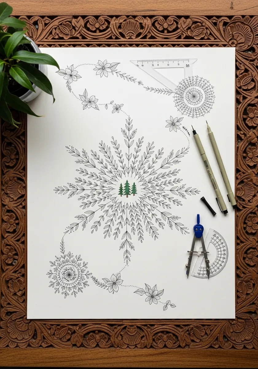 Delicate ink botanical map arranged radially with ferns and seed heads around a center