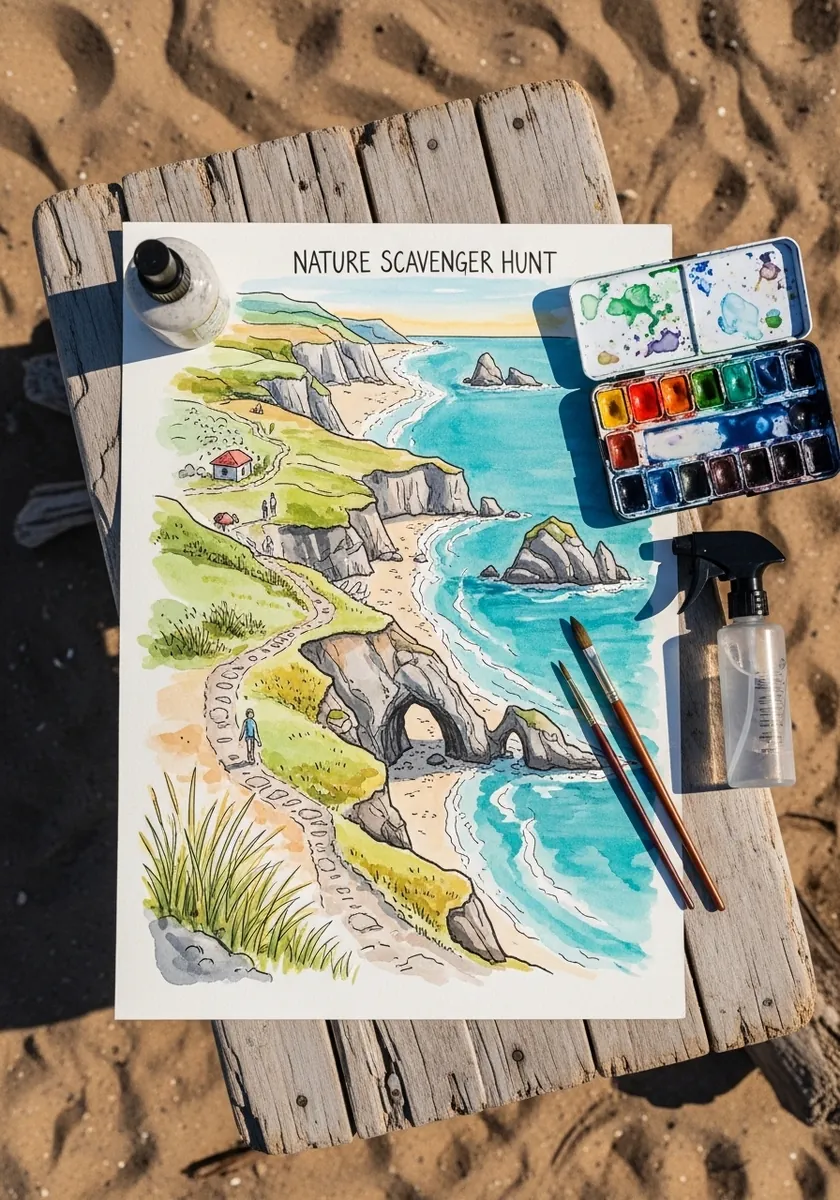 Watercolor coastal map with a rock arch, turquoise water and a sandy path