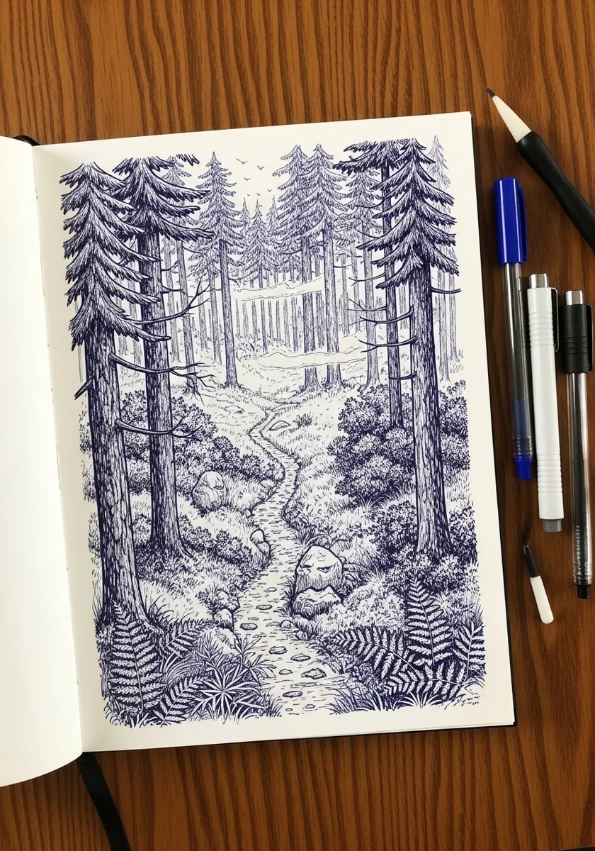 Dense blue ballpoint drawing of a forest path with ferns and tall pine trunks