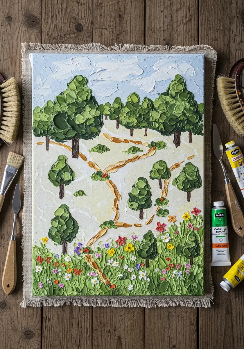 Gouache map on canvas with round trees, a winding trail and bright wildflowers