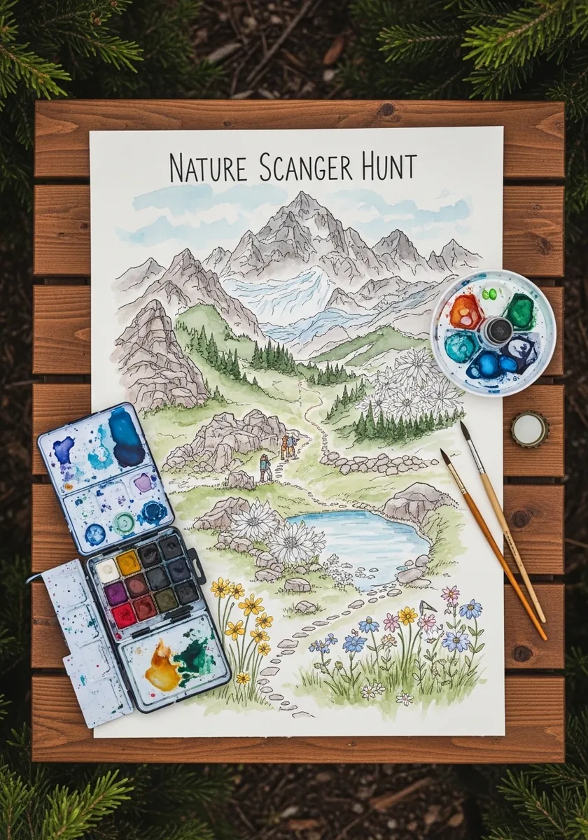 Watercolor mountain and lake map framed by a painted border of pine branches