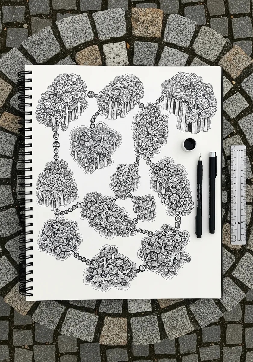 Detailed ink map of a forest canopy seen from directly overhead with clustered trees