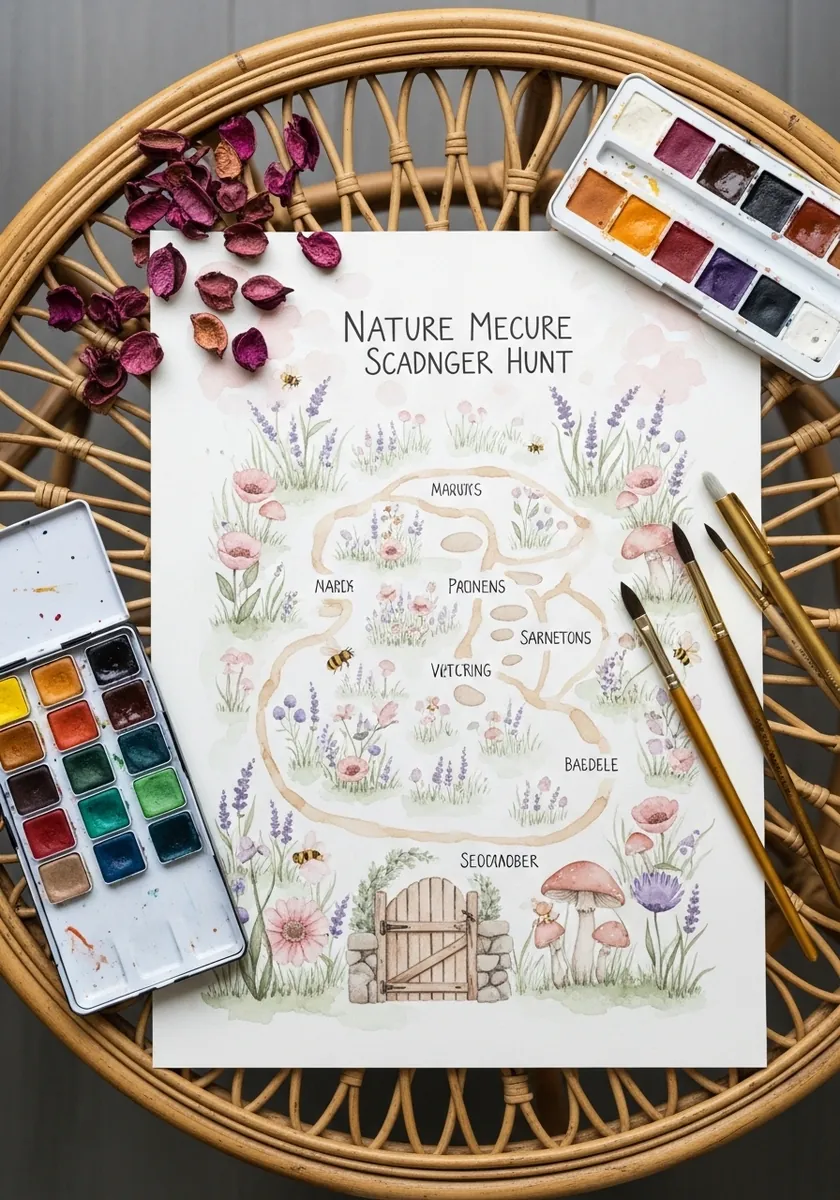 Soft pastel meadow map with labeled areas, mushrooms and a small wooden gate