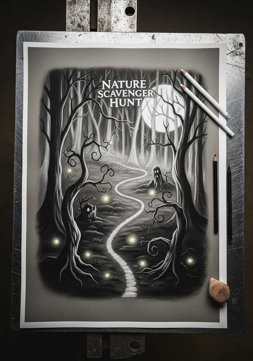 Dramatic charcoal map of a dark forest with small glowing lights along a path