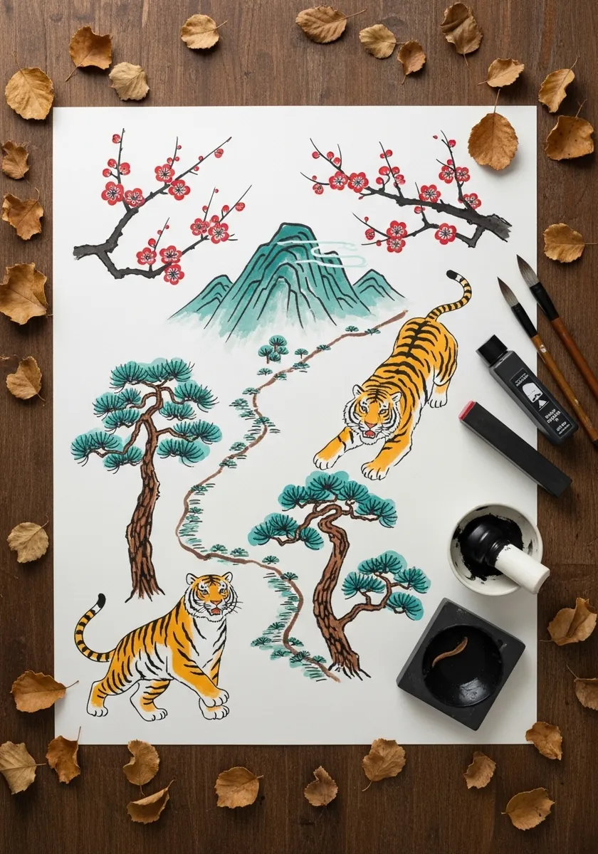 Traditional Japanese style map with pine trees, a mountain and painted tigers