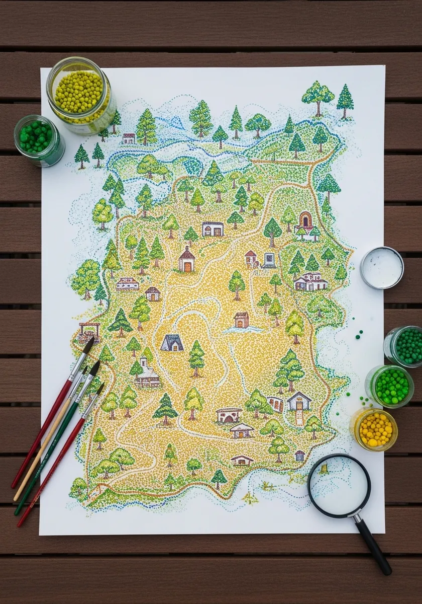 Detailed watercolor fantasy map of an island village with tiny houses and forests