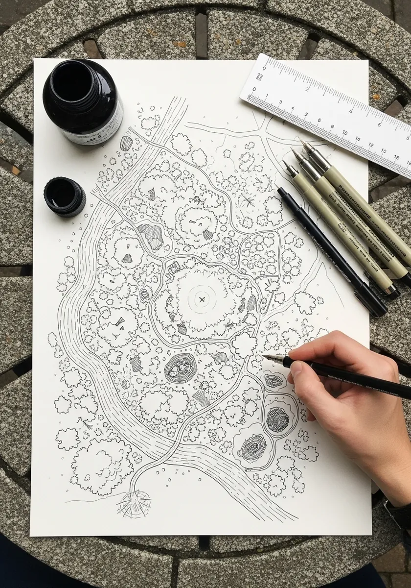 Detailed black ink contour style map with winding lines and no color at all