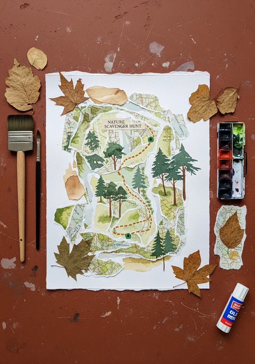 Watercolor forest map surrounded by real pressed autumn leaves on a red surface
