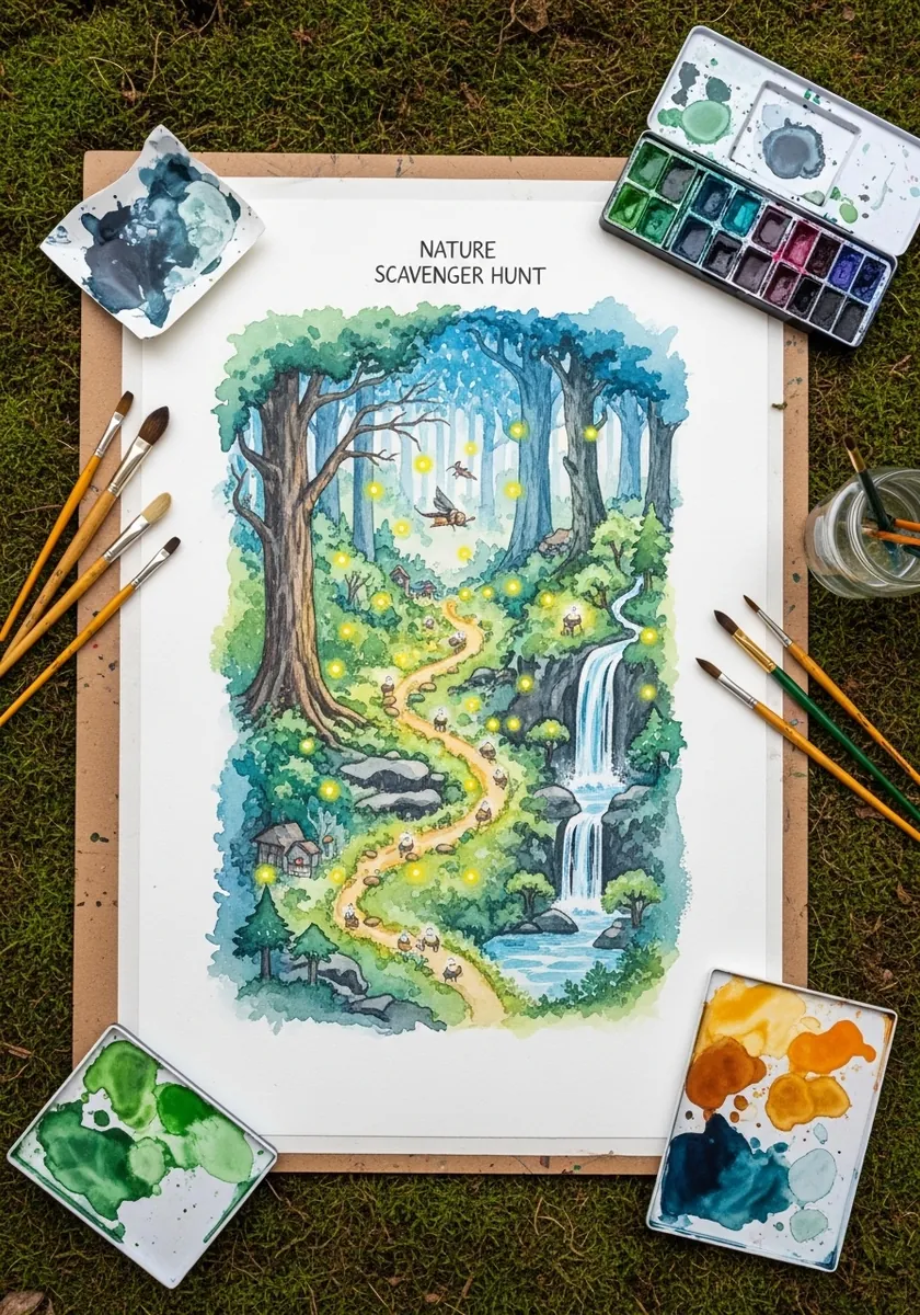 Watercolor forest map with a waterfall and a winding path through green trees