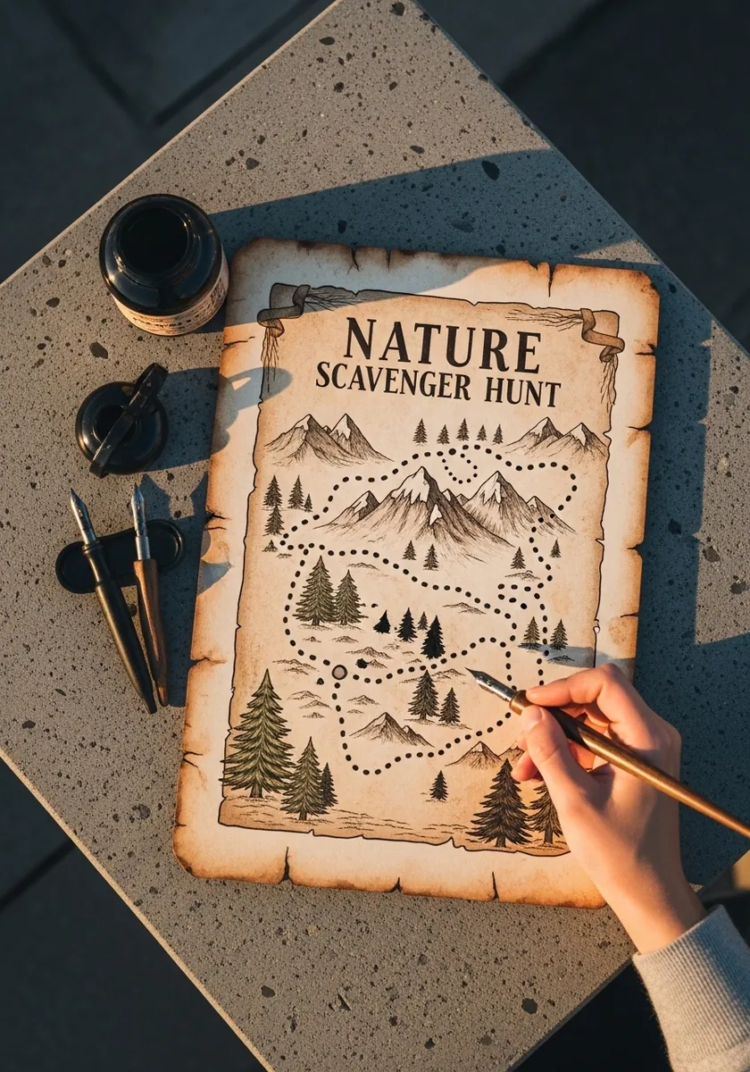 Vintage treasure map on aged brown parchment with mountains and a dotted route