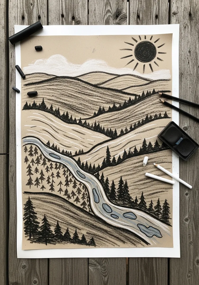 Linocut style map of rolling hills, a river and pine trees printed on kraft paper