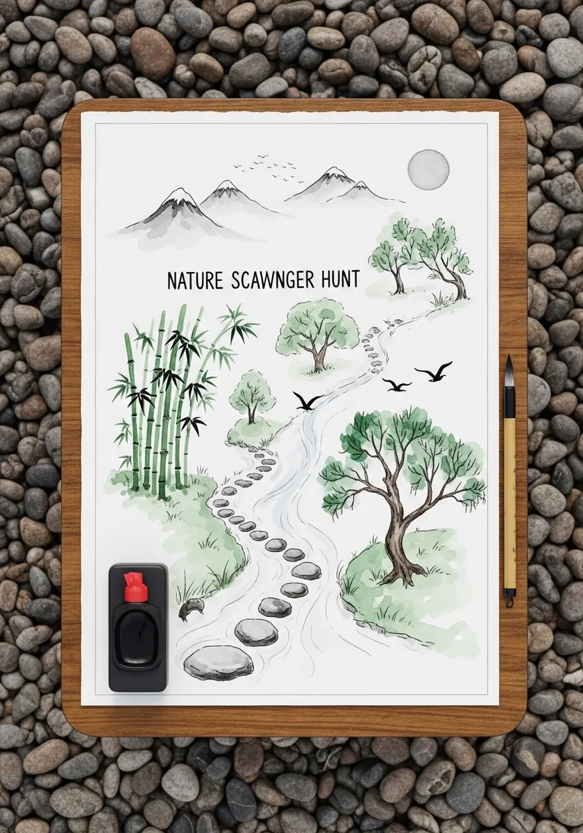 Minimal watercolor map with stepping stones, bamboo and birds on white paper