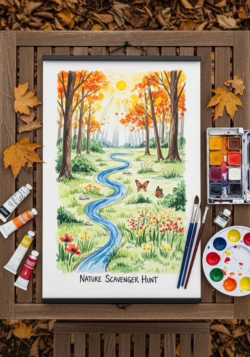 Watercolor autumn woodland map with a blue stream, orange trees and butterflies