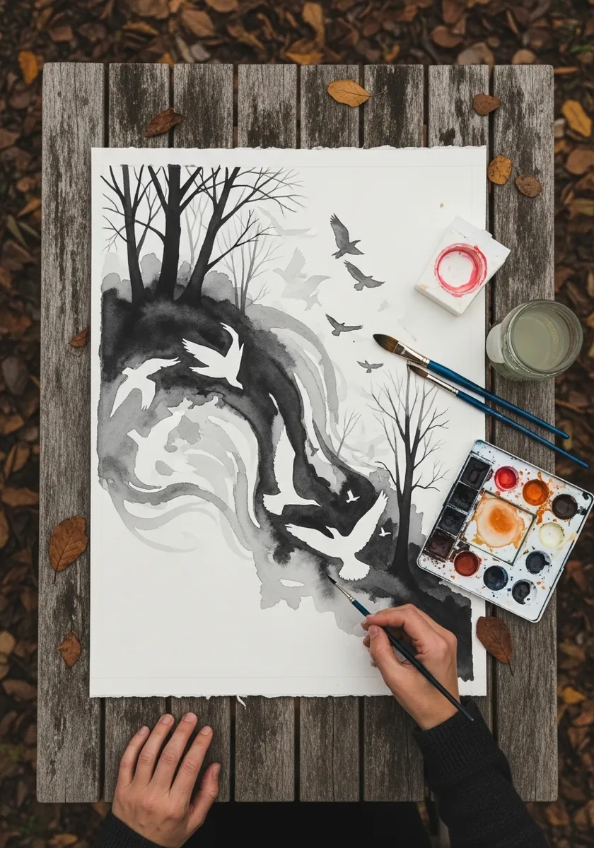 Ink wash drawing where bare trees and flying birds share the same negative space
