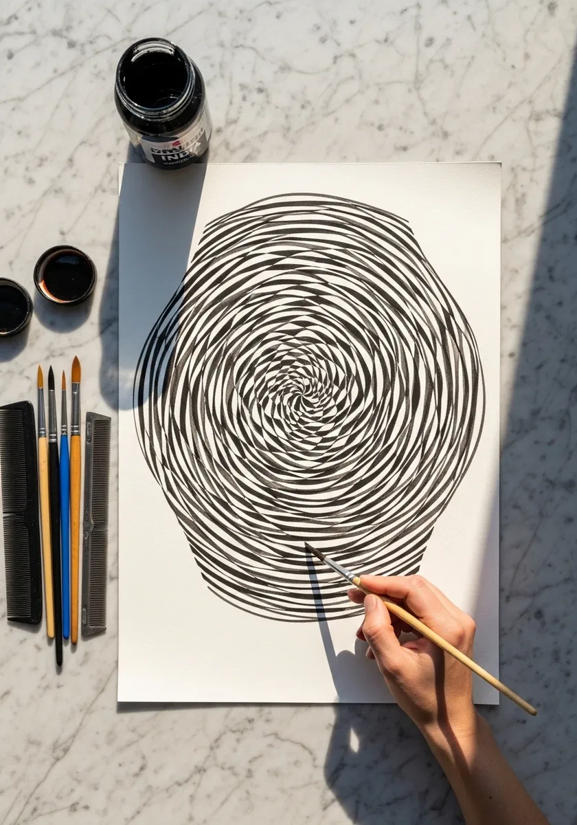 Dense hand drawn black ink spiral filling a circular area on white paper