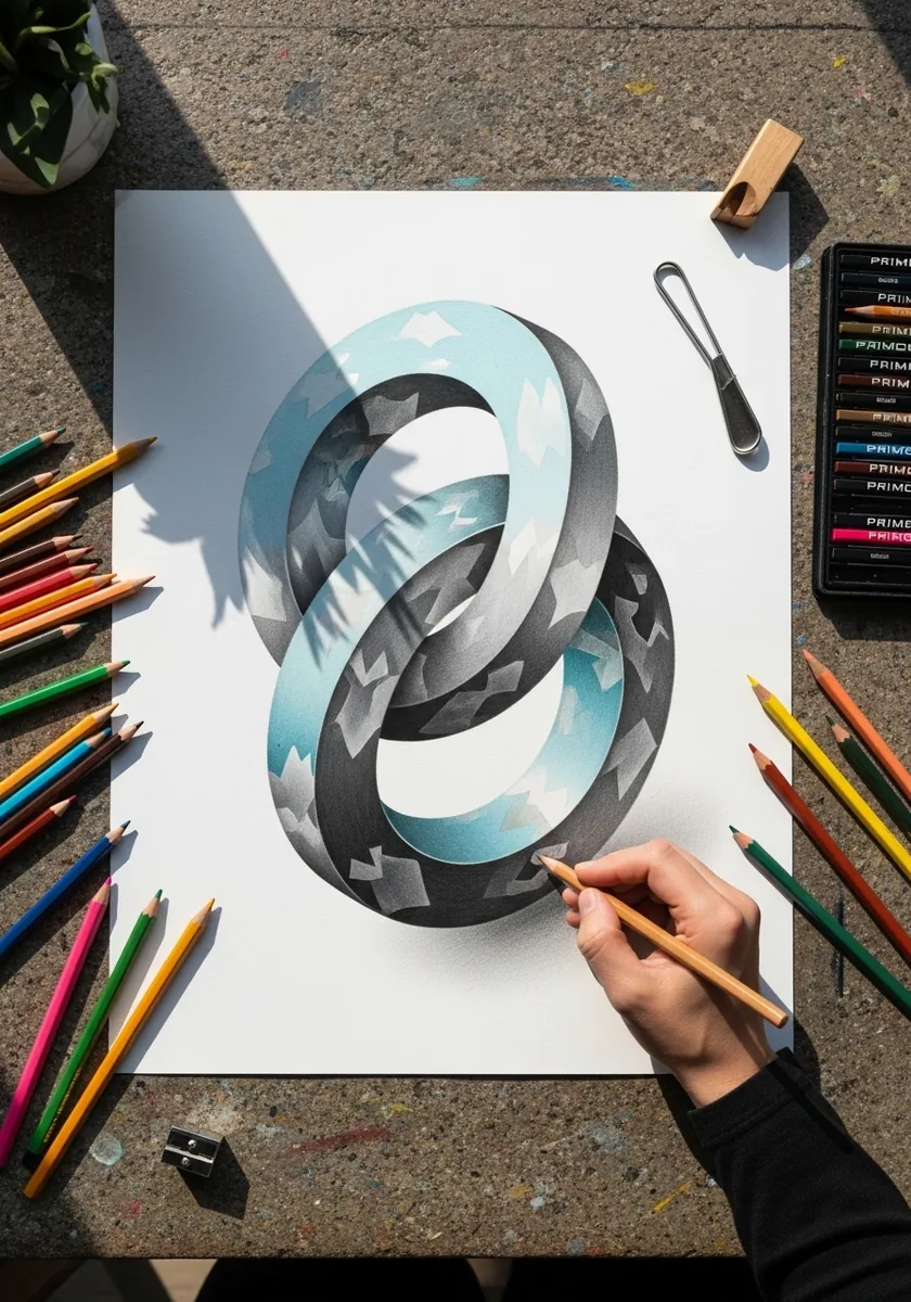 Colored pencil rings that appear to pass through each other impossibly