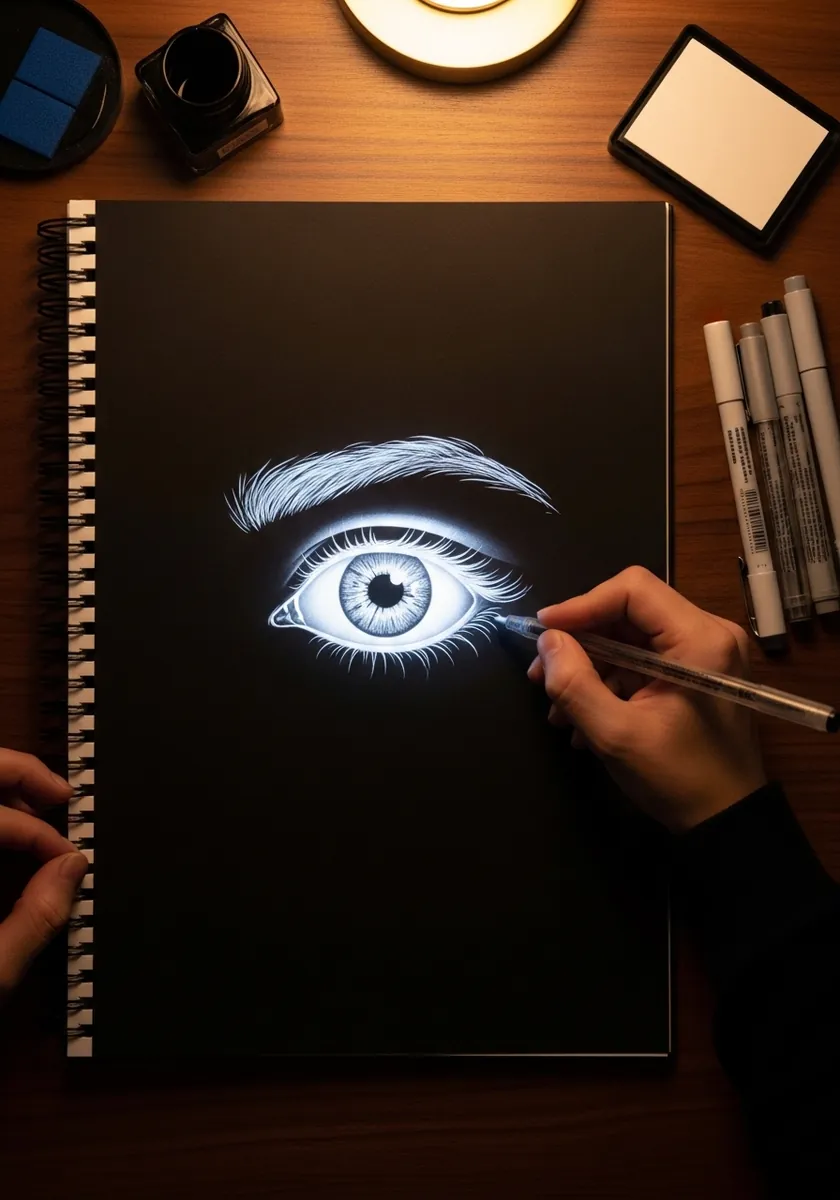 Detailed white pencil drawing of a realistic eye glowing against black paper
