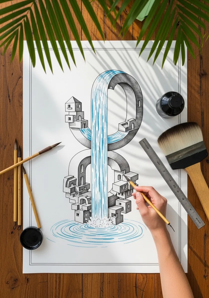 Fine ink drawing of water flowing upward through an impossible architectural loop