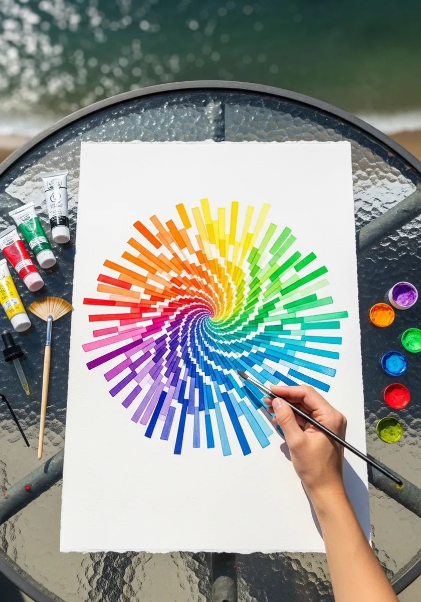 Gouache radial burst of colored bars arranged in a spinning rainbow spiral