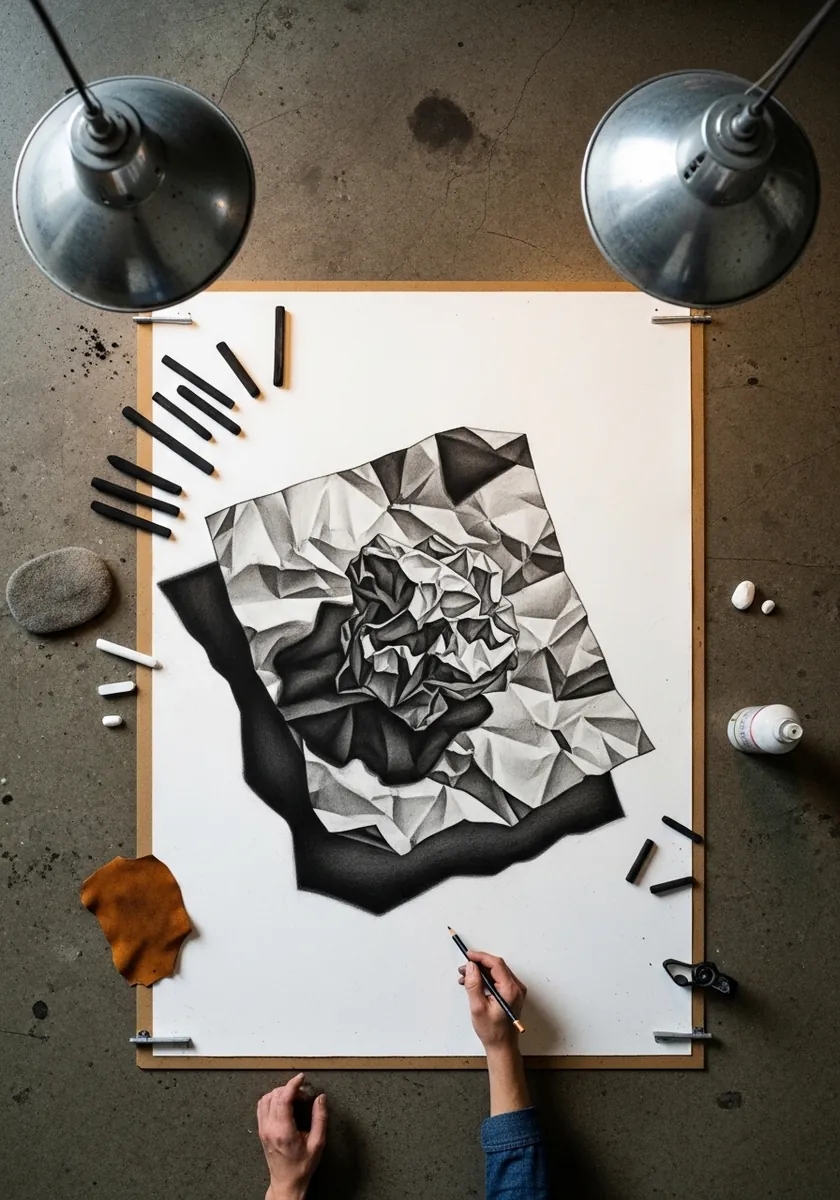 Graphite drawing of what appears to be crumpled paper lying on a flat sheet