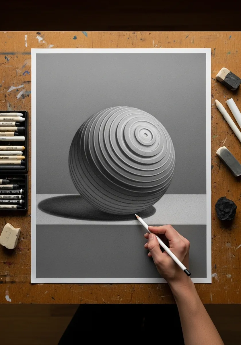 Gray sphere wrapped in horizontal stripes casting a soft shadow on a flat plane