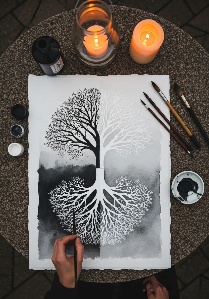 Ink and wash tree whose roots mirror its branches across a horizontal line