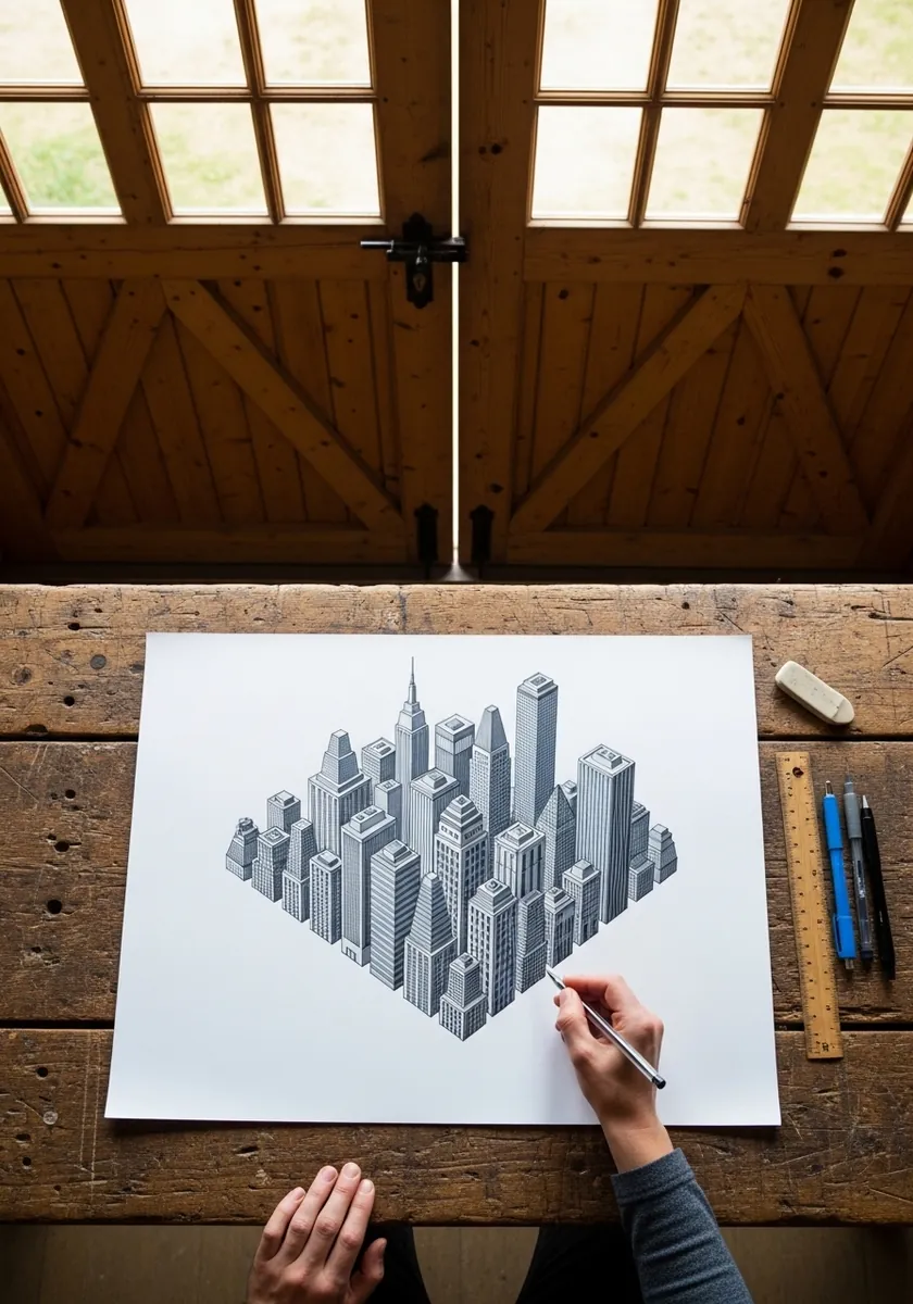 Ink drawing of a city block floating as an isometric cube above white paper