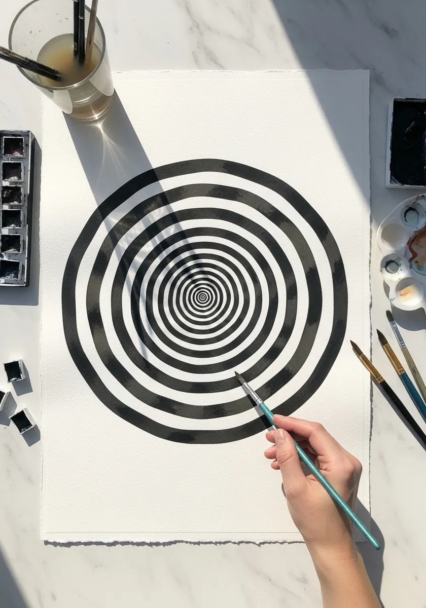Bold black and white concentric circles forming a hypnotic target pattern