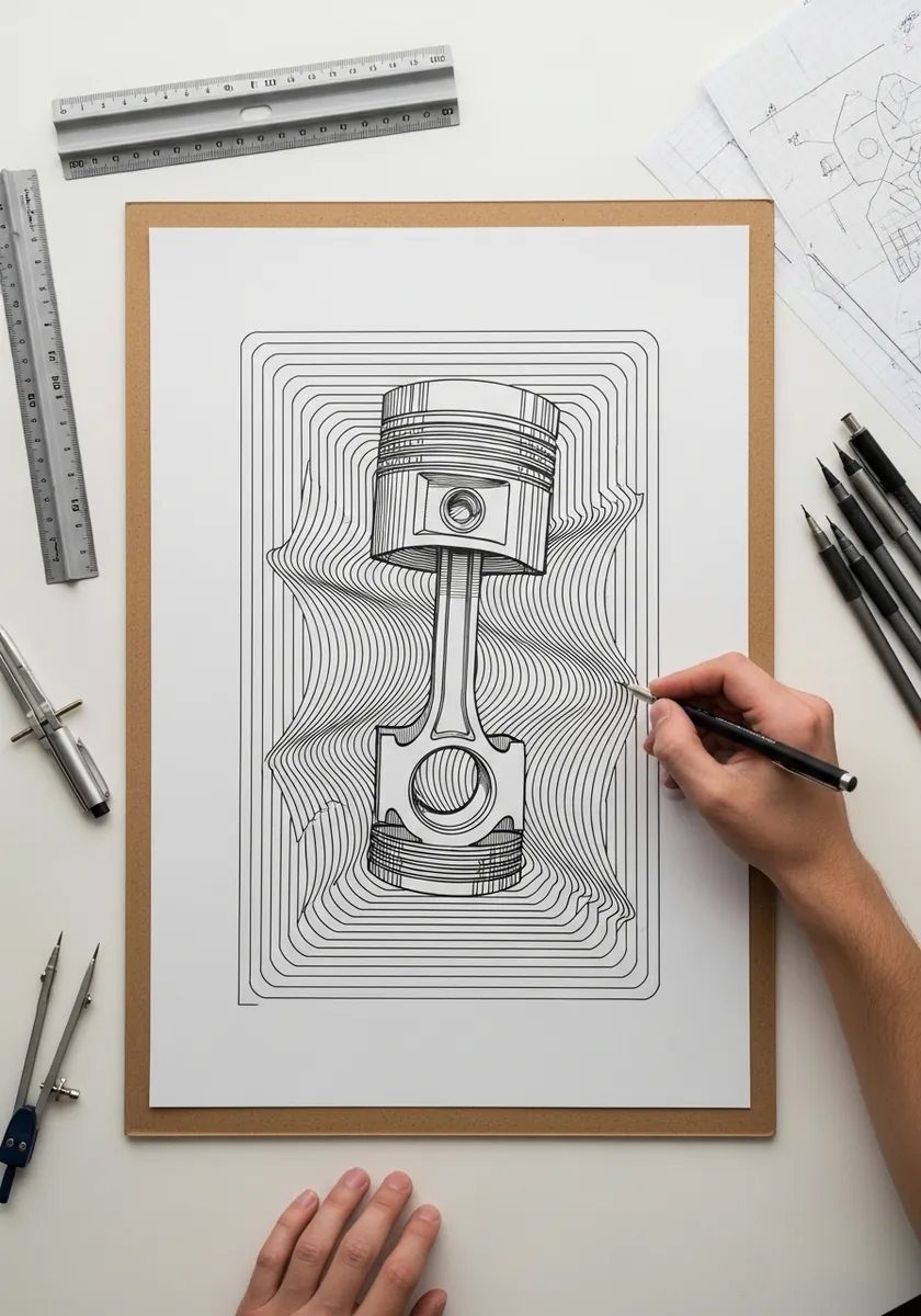 Technical drawing of a piston surrounded by concentric rippling contour lines
