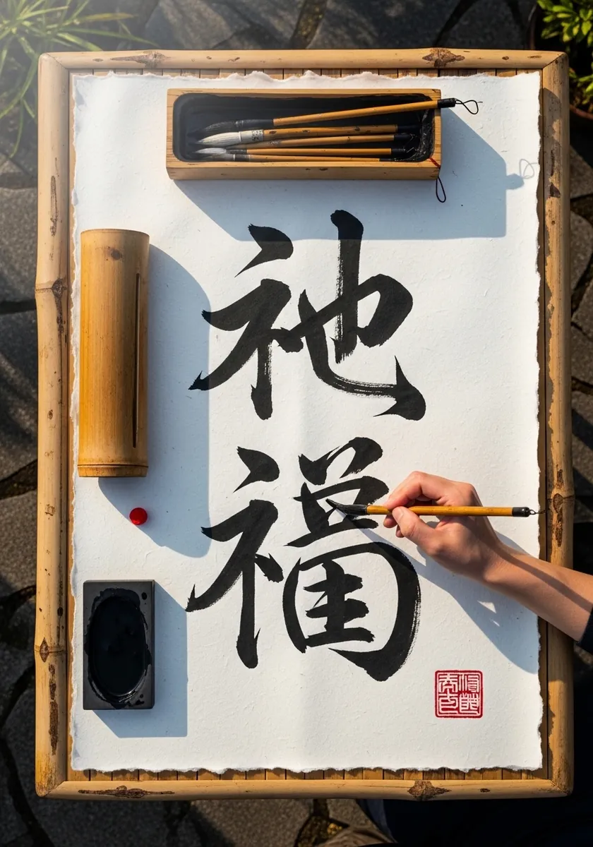 Japanese calligraphy characters drawn with shading that lifts them off the page