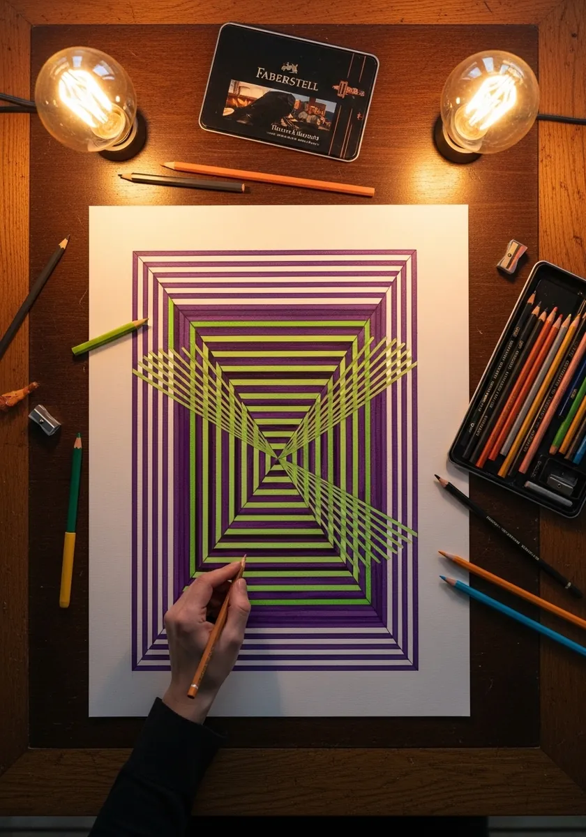 Nested square outlines in purple, green and yellow creating a tunnel effect
