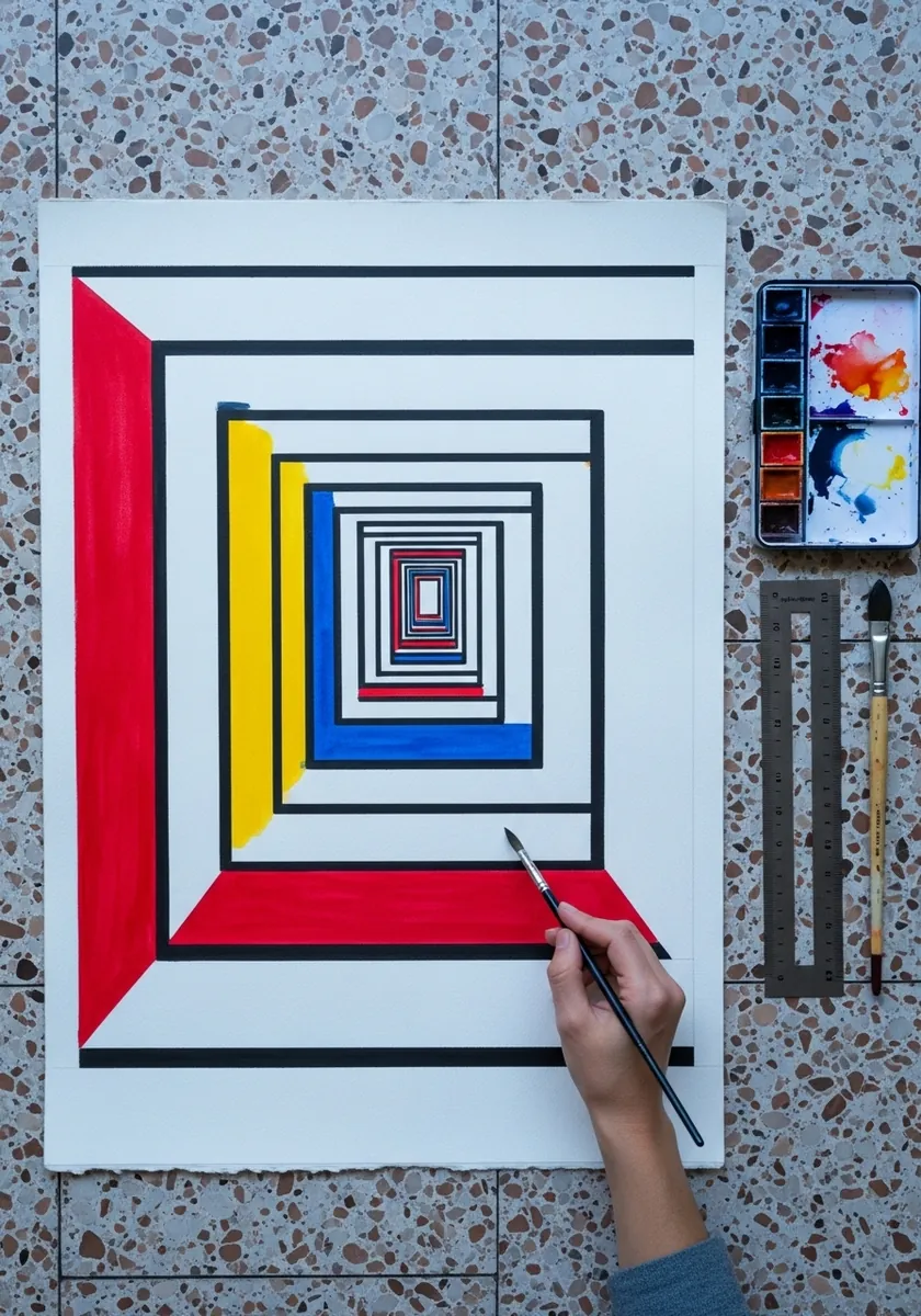 Bold red, yellow and blue nested squares forming a deep tunnel on white