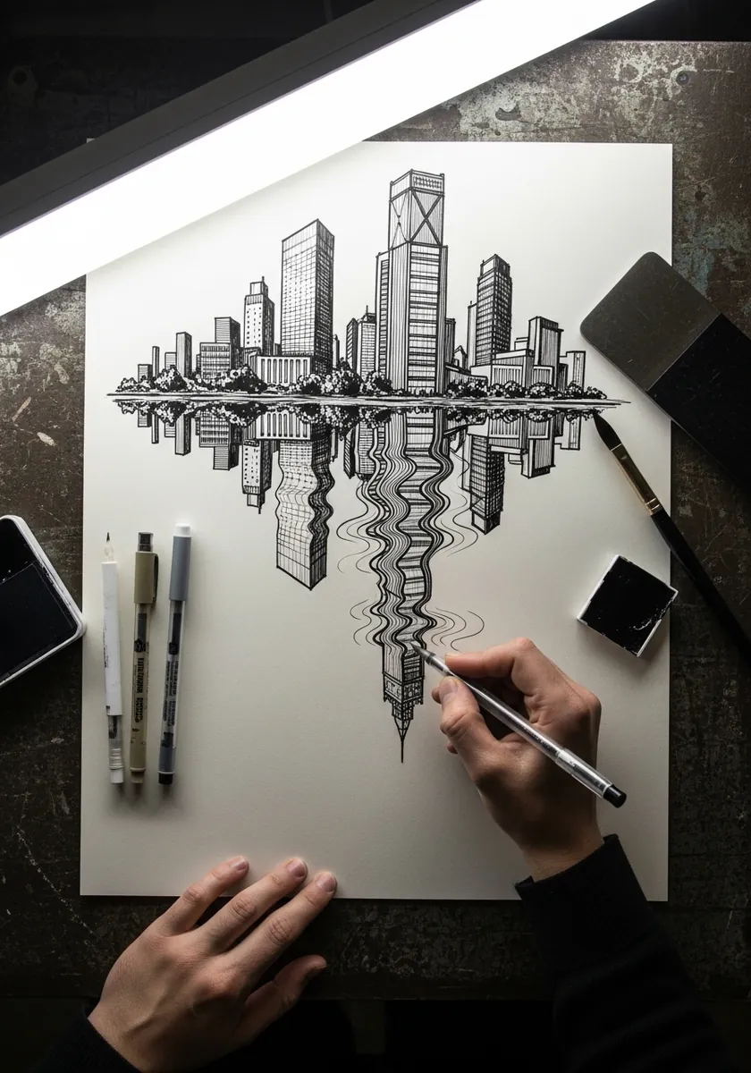 Fine ink city skyline with an inverted mirror image reflected below it