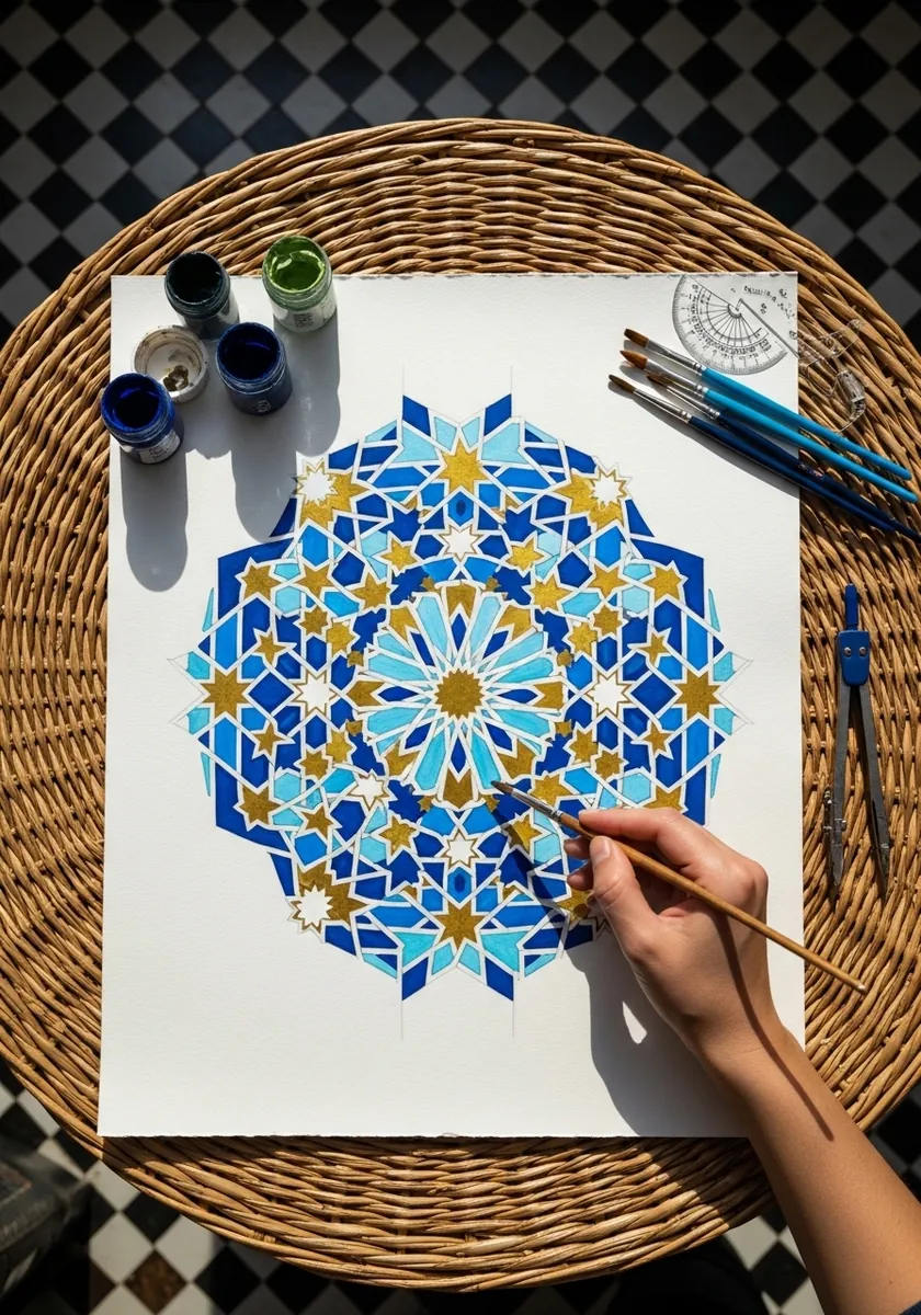 Intricate blue and gold geometric tile pattern arranged as a radial mandala