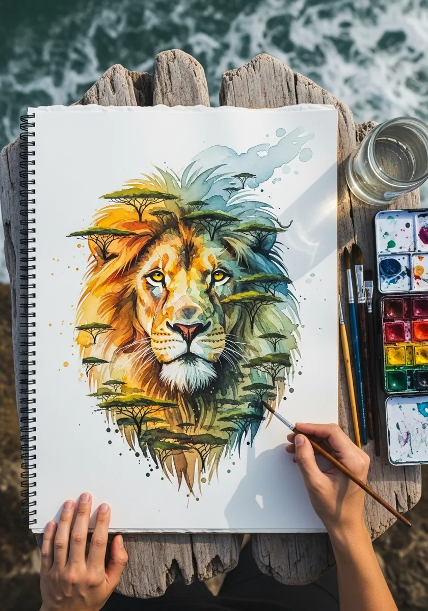 Watercolor lion whose mane is formed from trees, hills and a distant landscape