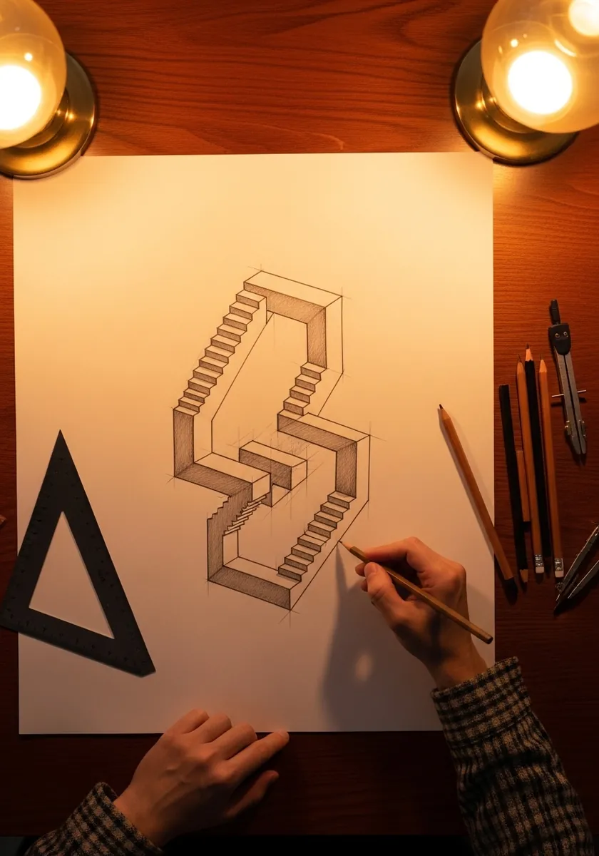 Pencil drawing on kraft paper of an impossible beam folding back into itself
