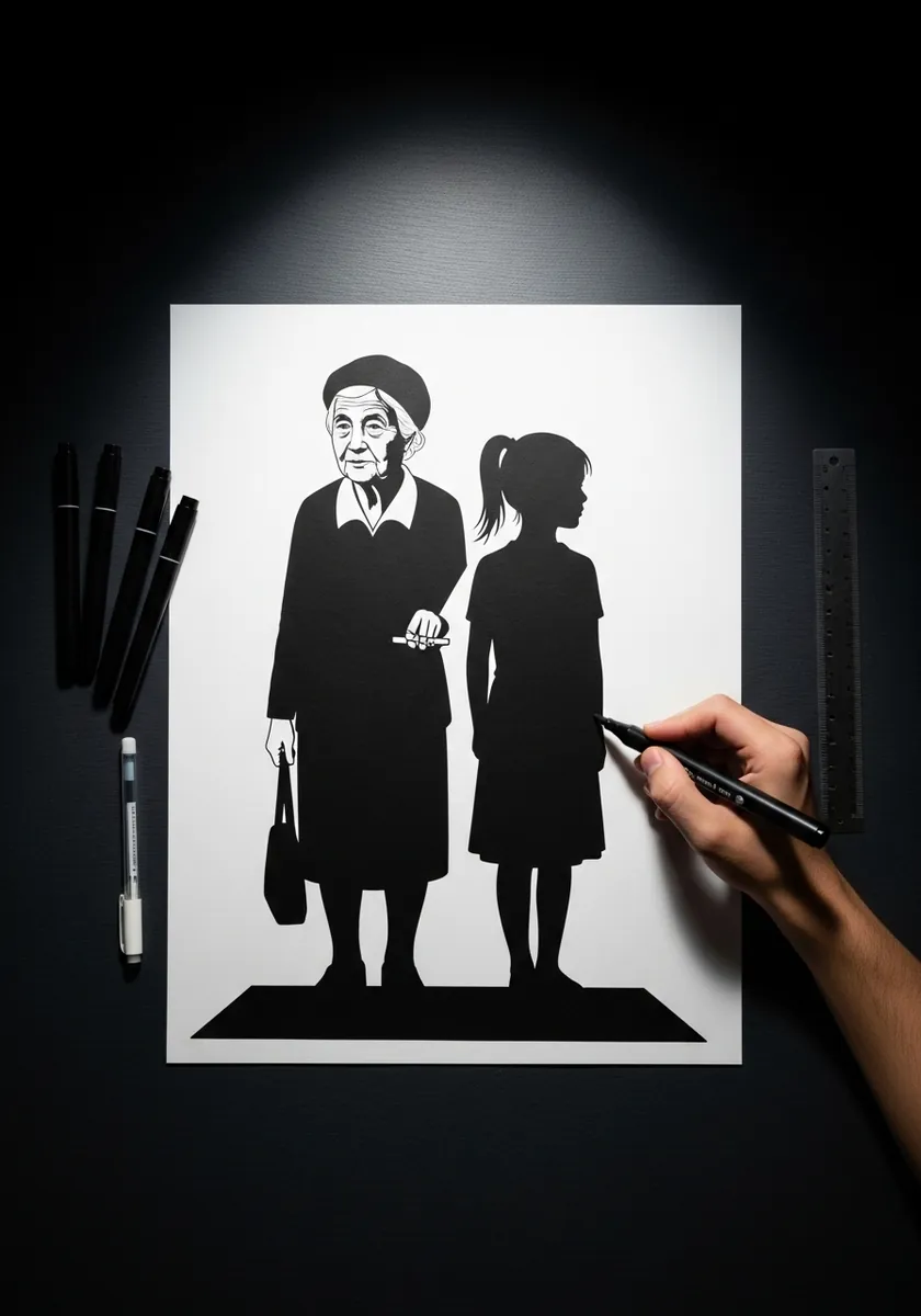 Black and white cut paper silhouettes of two figures casting long shadows