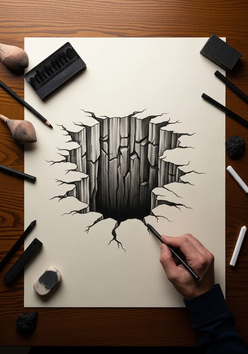 Graphite drawing of a deep cracked hole appearing to break through the paper
