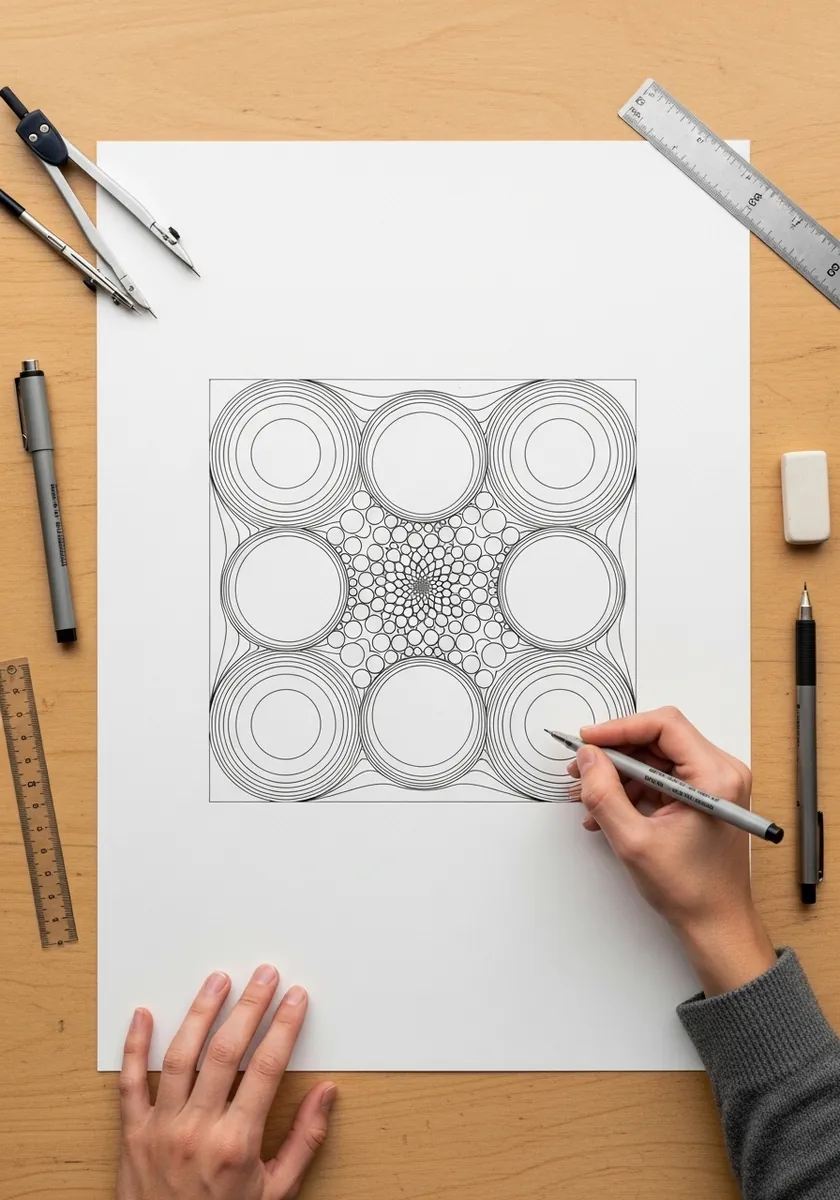 Ink grid of nine circles filled with fine radiating lines creating a shimmer