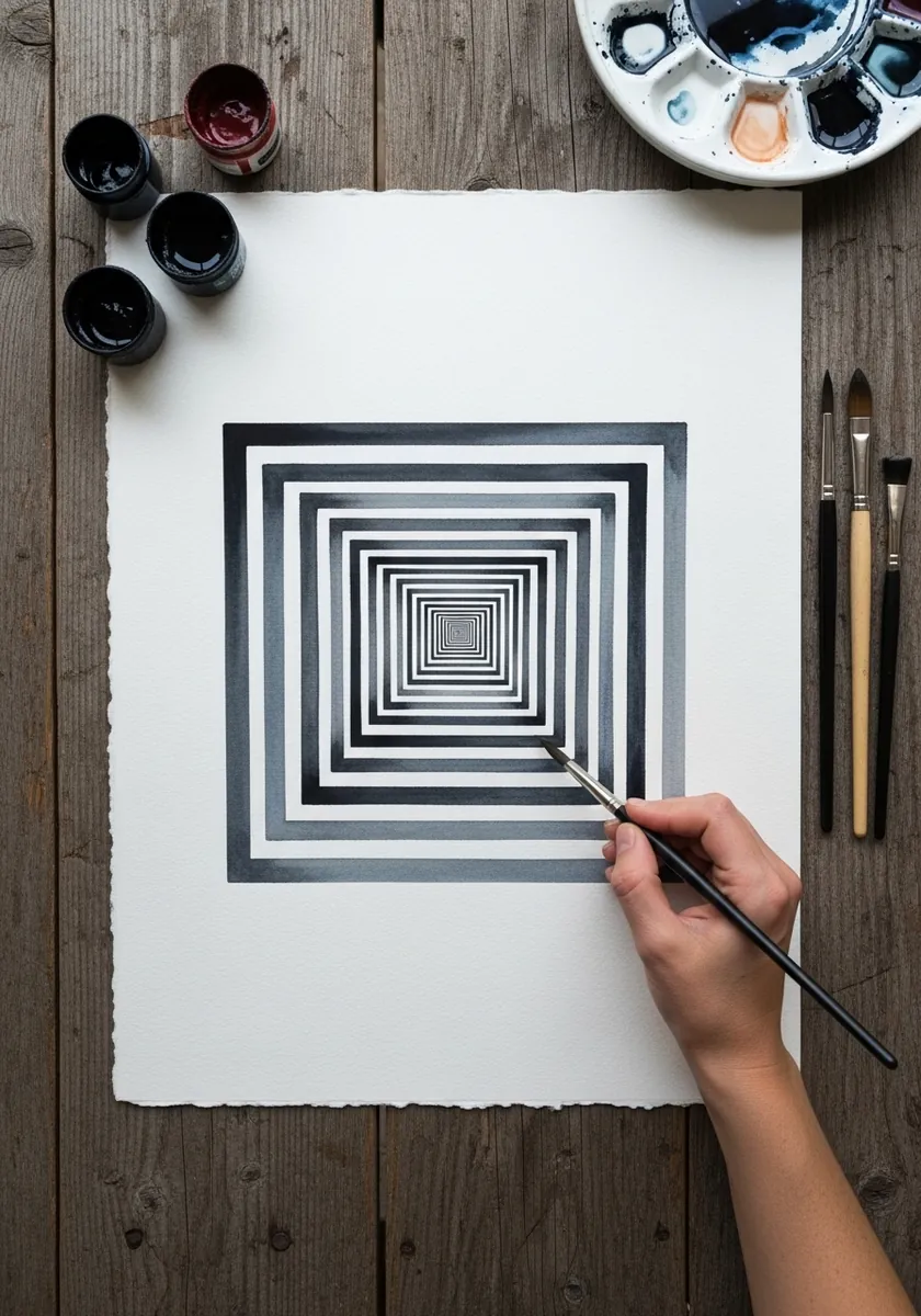 High contrast black and white concentric squares receding into a deep tunnel