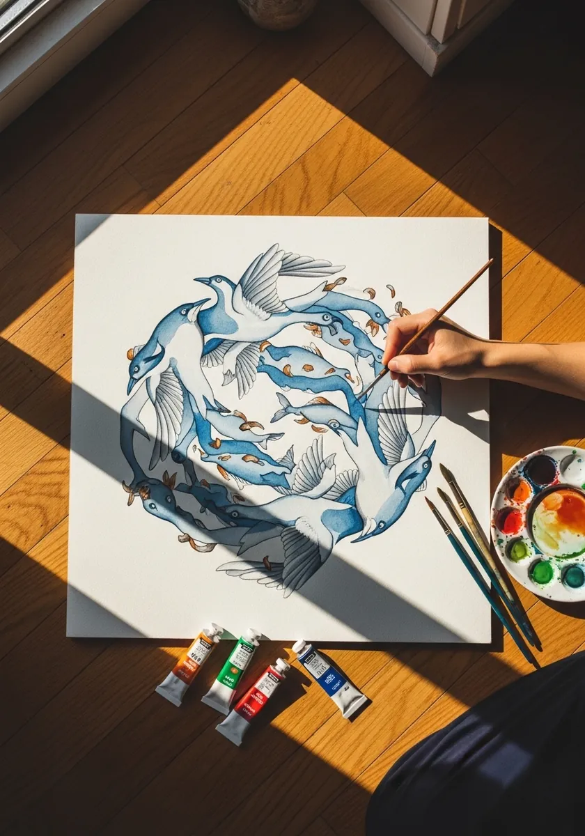 Watercolor koi fish arranged in a circular yin and yang composition in blue