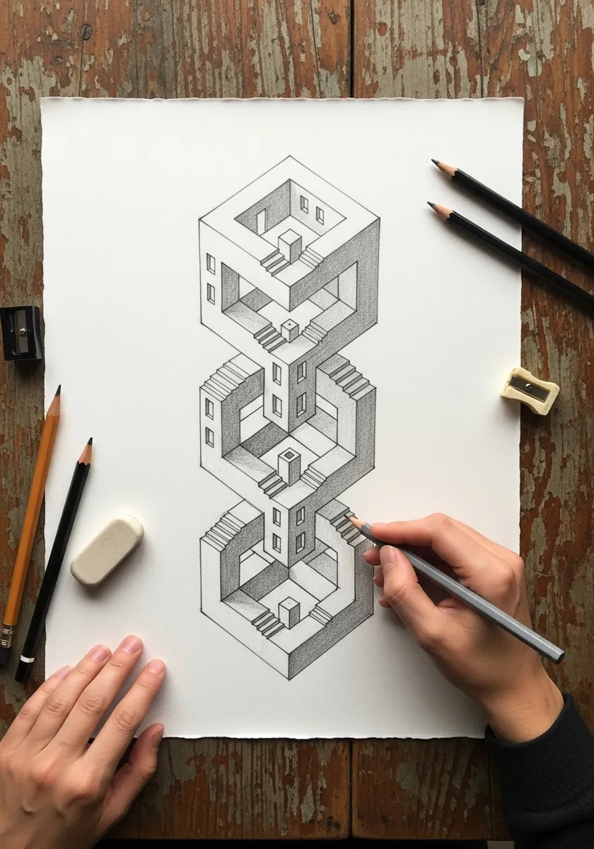 Pencil drawing of impossible cubes stacked in a physically impossible arrangement
