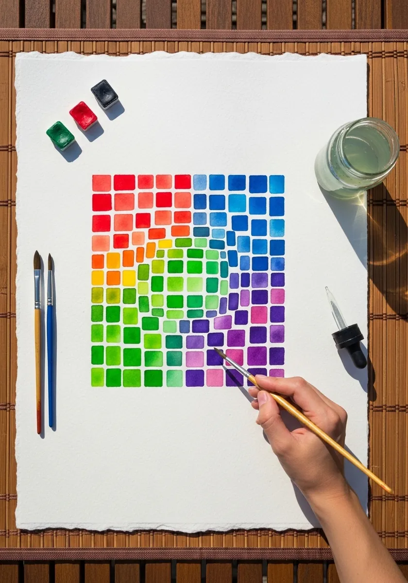 Grid of small painted color squares shifting gradually from red through blue